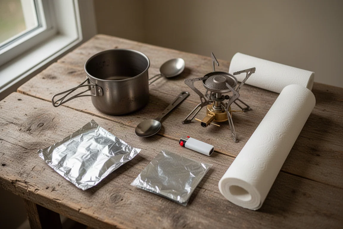 Flat-lay of ultralight camping gear components including a pot, spoon, and small stove on wood