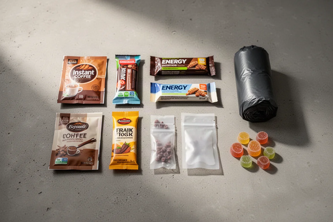 Overhead flat-lay of trail food and coffee sachets arranged on a concrete surface
