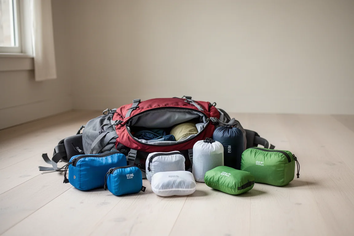 Open hiking backpack on a wooden floor surrounded by small organizer pouches