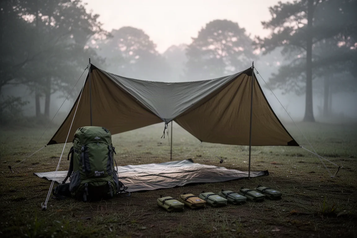 Campsite at dusk with a low tarp shelter, backpack, and gear pouches laid out