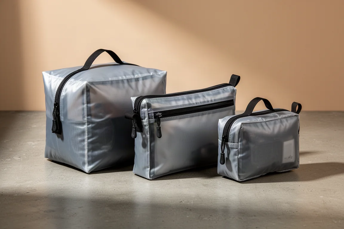 Three ultralight DCF organizer pouches in different sizes arranged on a concrete surface