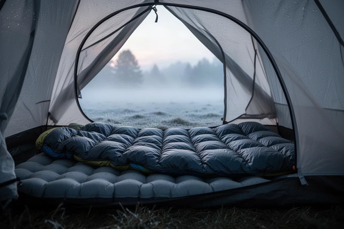 Materassino e quilt stesi all'interno di una tenda leggera all'alba fredda