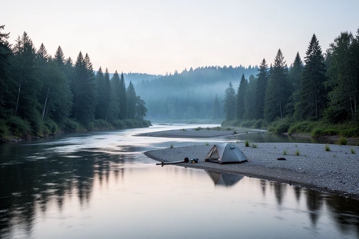 Fiume che serpeggia attraverso una valle boscosa al crepuscolo con un piccolo campeggio su un banco di ghiaia