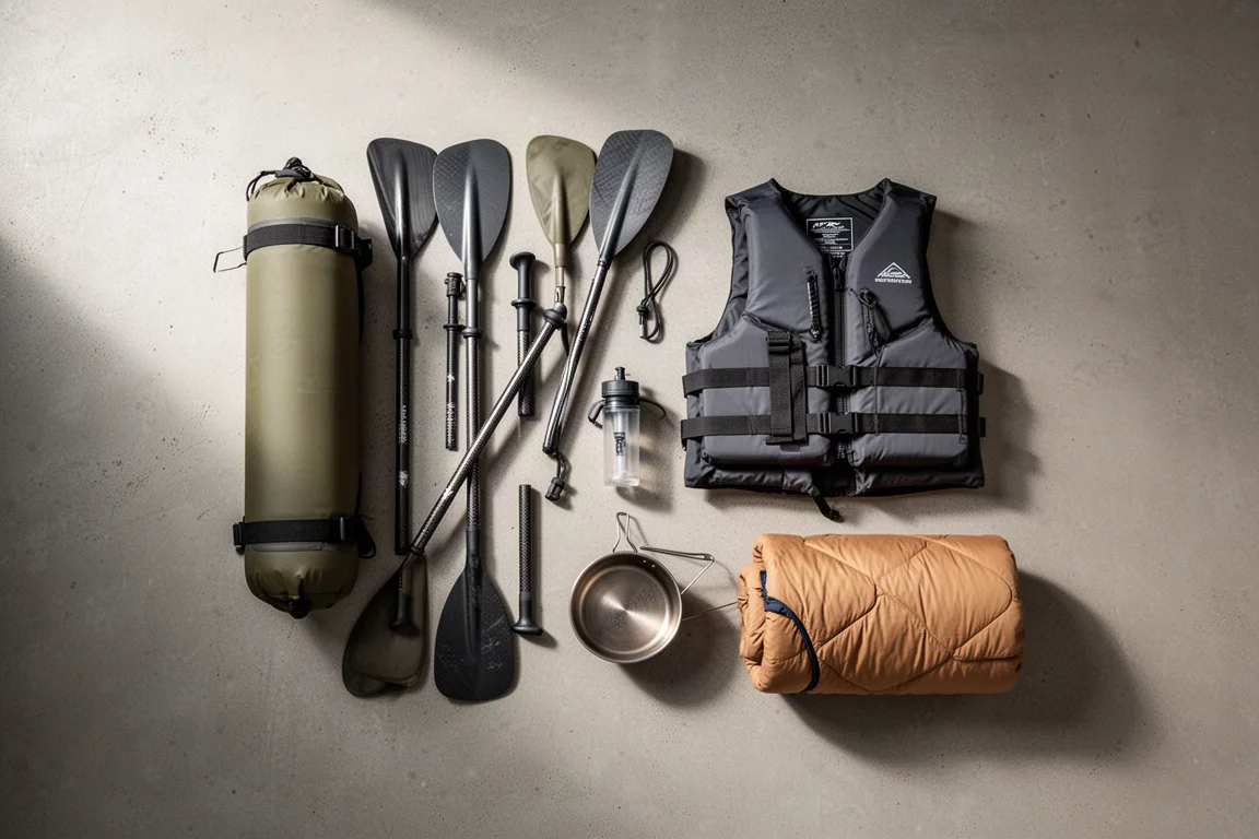 Flat-lay of pack rafting gear including a rolled pack raft, paddle sections, life jacket, and filter