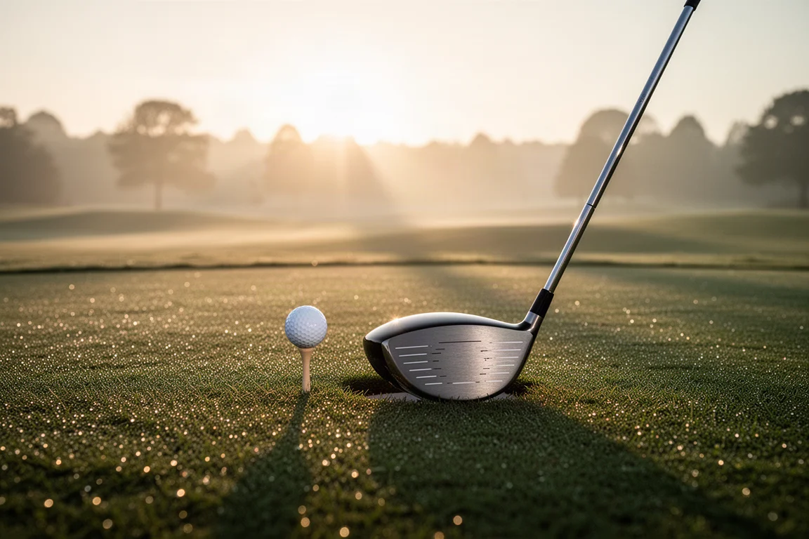 Golf driver resting on tee box at sunrise with dew on grass