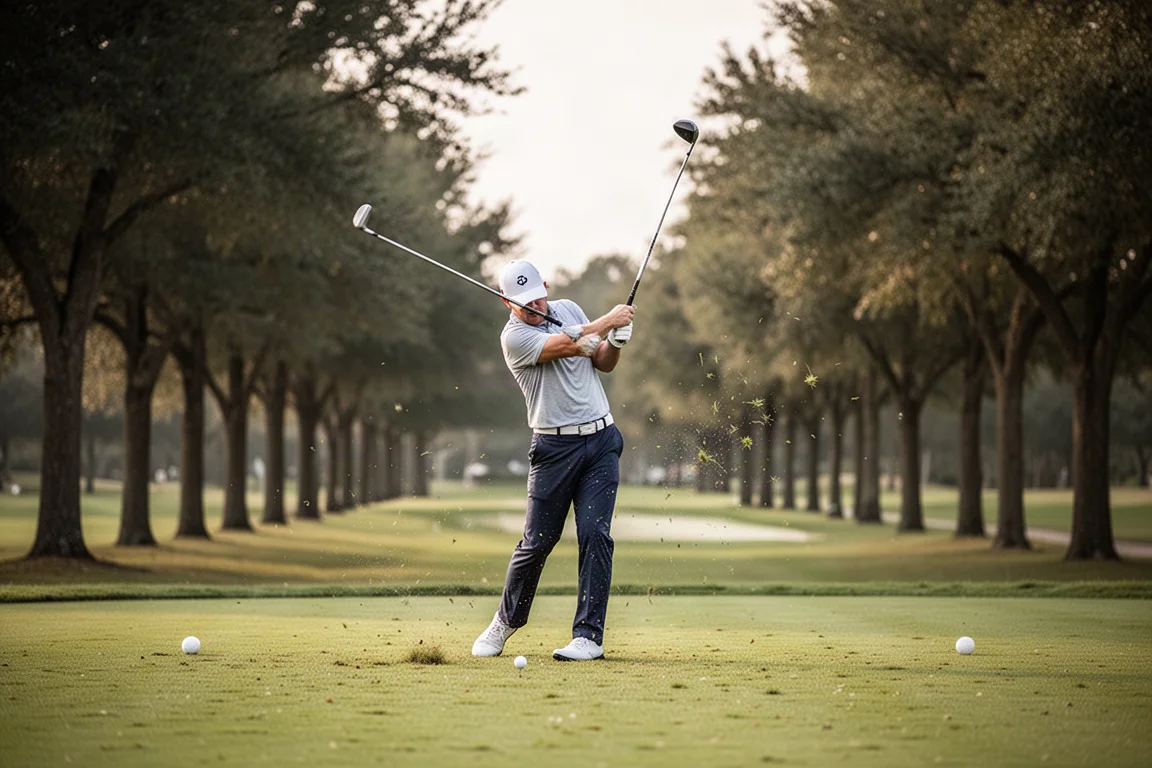 Golfer hitting an iron shot from the fairway with trees in background