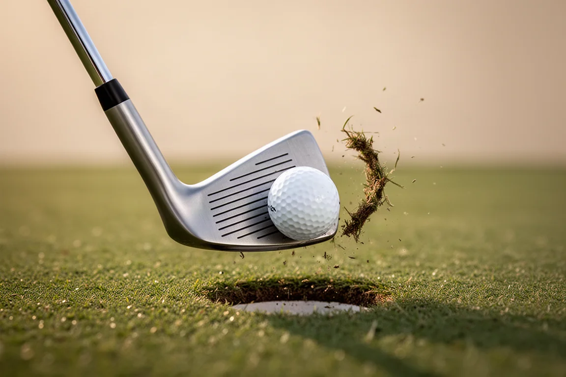 Close-up of a forged wedge striking a golf ball on a practice green