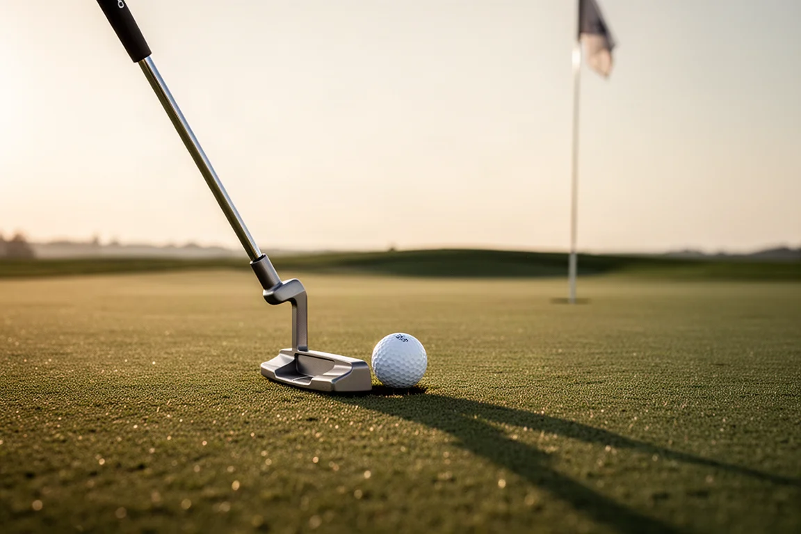 Golf putter lined up over a ball on a green with flagstick in distance