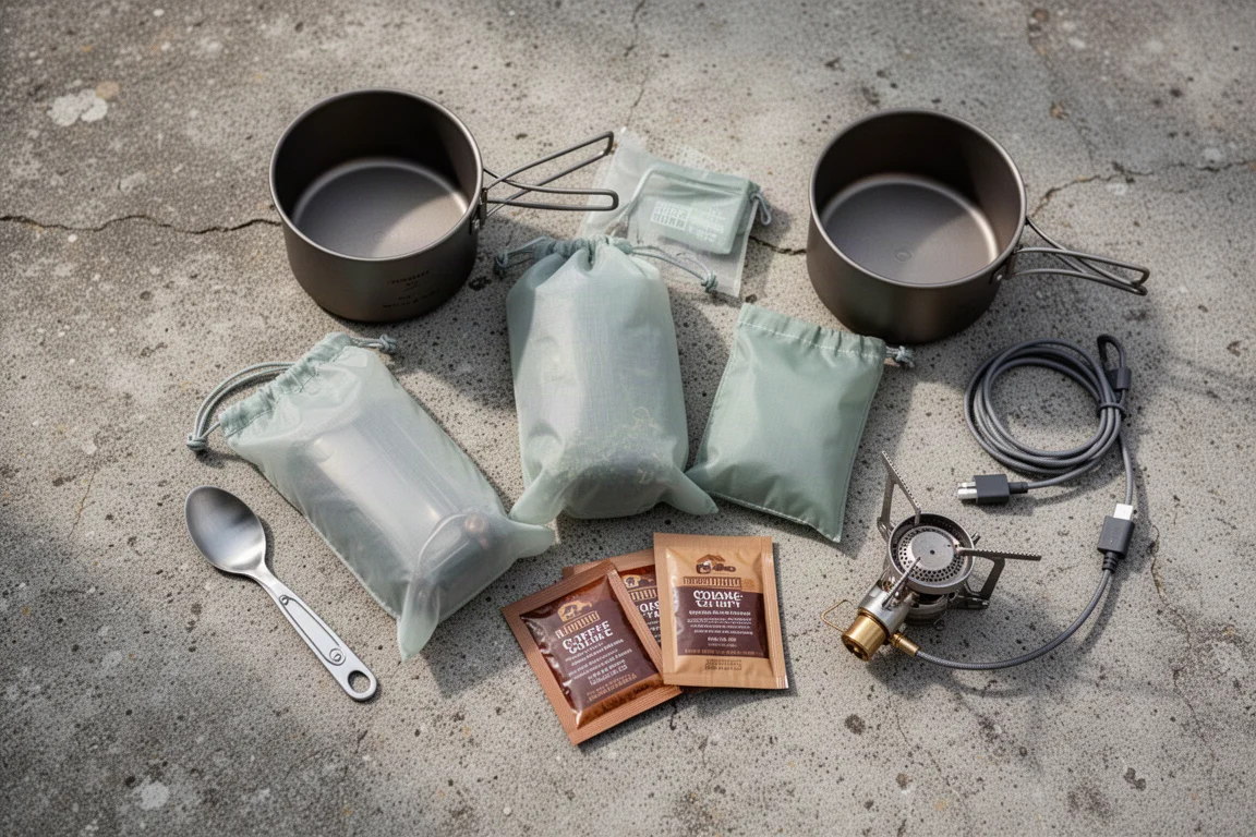 Vue à plat de kit bags de camping avec popote, cuillère, réchaud et lampe frontale sur une table en bois