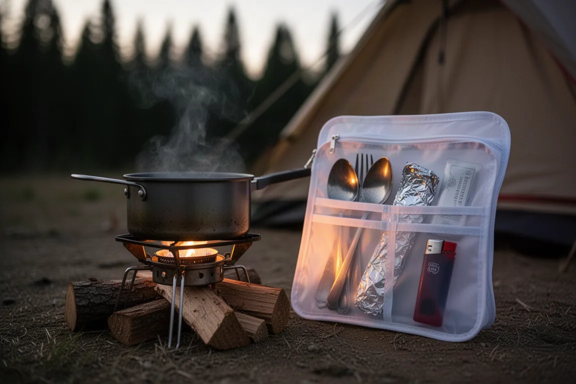 Kit bag en tissu ouvert sur un rocher à côté d'un gobelet, d'une popote et d'un réchaud