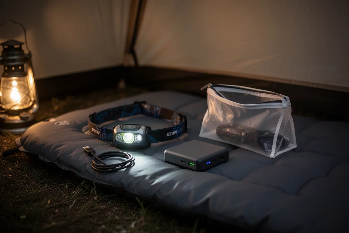 Pochette compacte avec batterie externe, câble et lampe frontale sur le hayon d'un pick-up au crépuscule