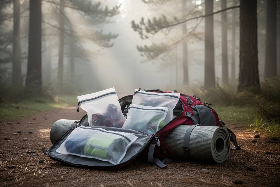 Trois kit bags en tissu de tailles différentes alignés sur un sol en béton