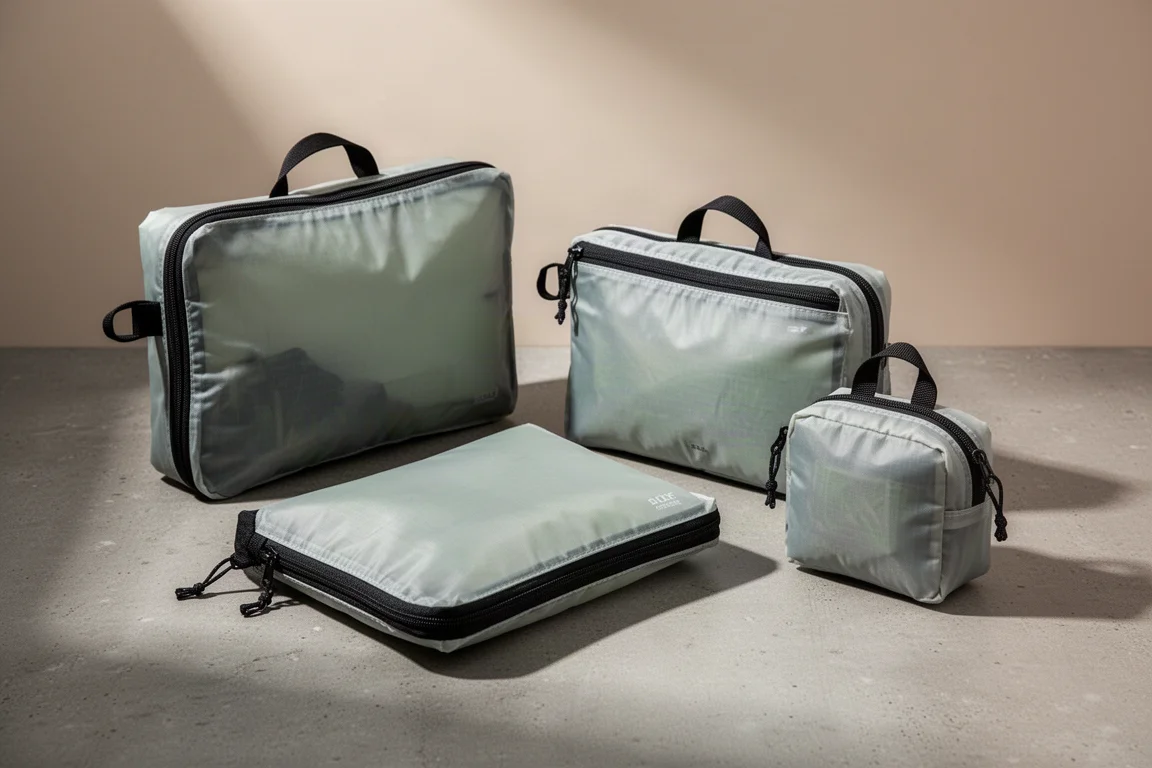 Tre borse organizer ultralight in DCF per il campeggio disposte su una superficie in cemento opaco