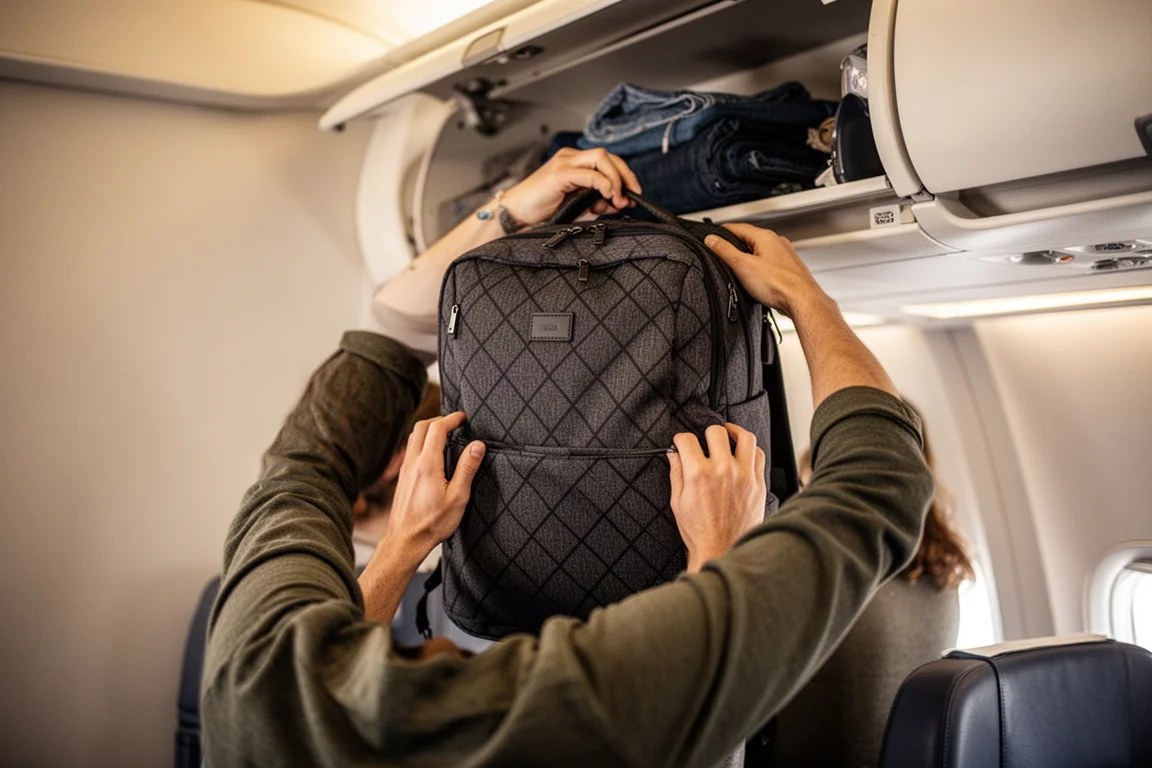 Viaggiatore che ripone uno zaino formato bagaglio a mano nel compartimento superiore di un aereo