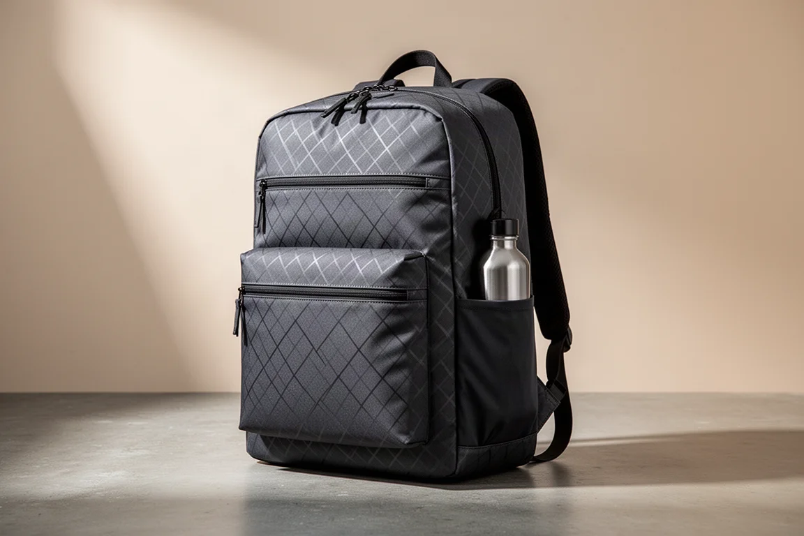 Charcoal 35L travel backpack with diamond-pattern fabric standing on concrete