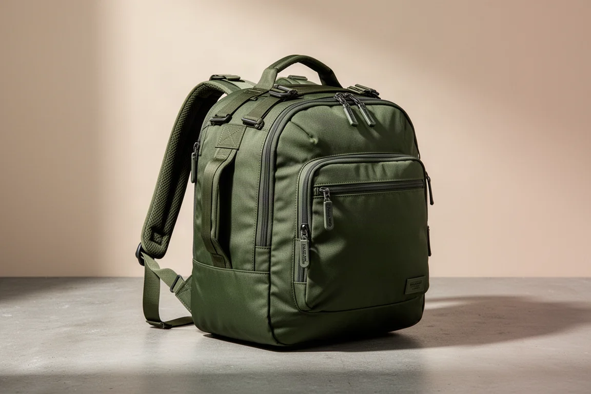 Ranger green travel duffel backpack on a matte concrete surface