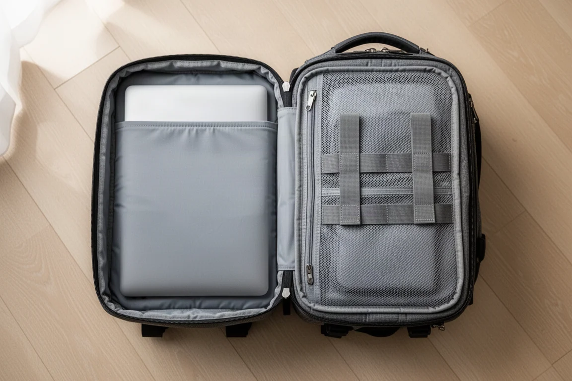 Wnętrze otwartego plecaka typu clamshell z podziałką na laptopa i siatkową kieszenią na zamek