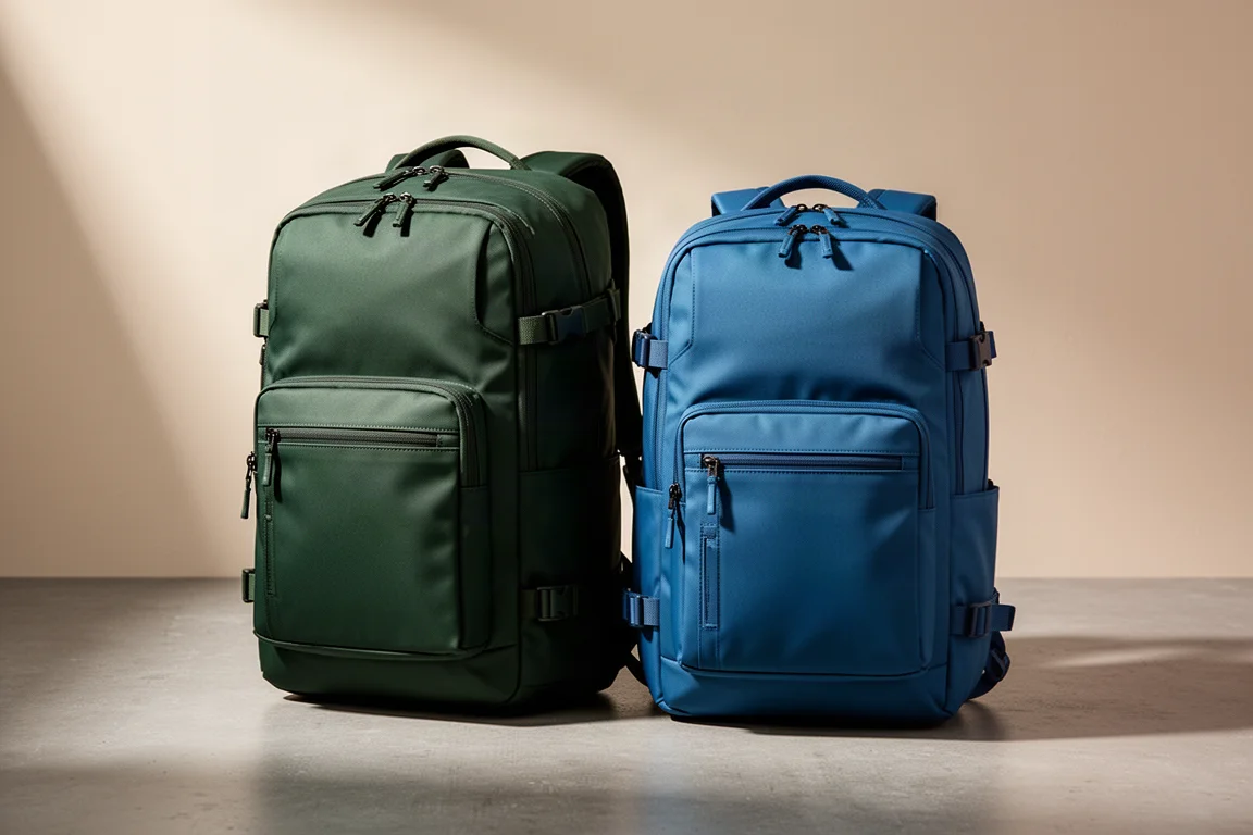 Packed Travel Backpack V2 in 45L and 35L sizes on a concrete surface