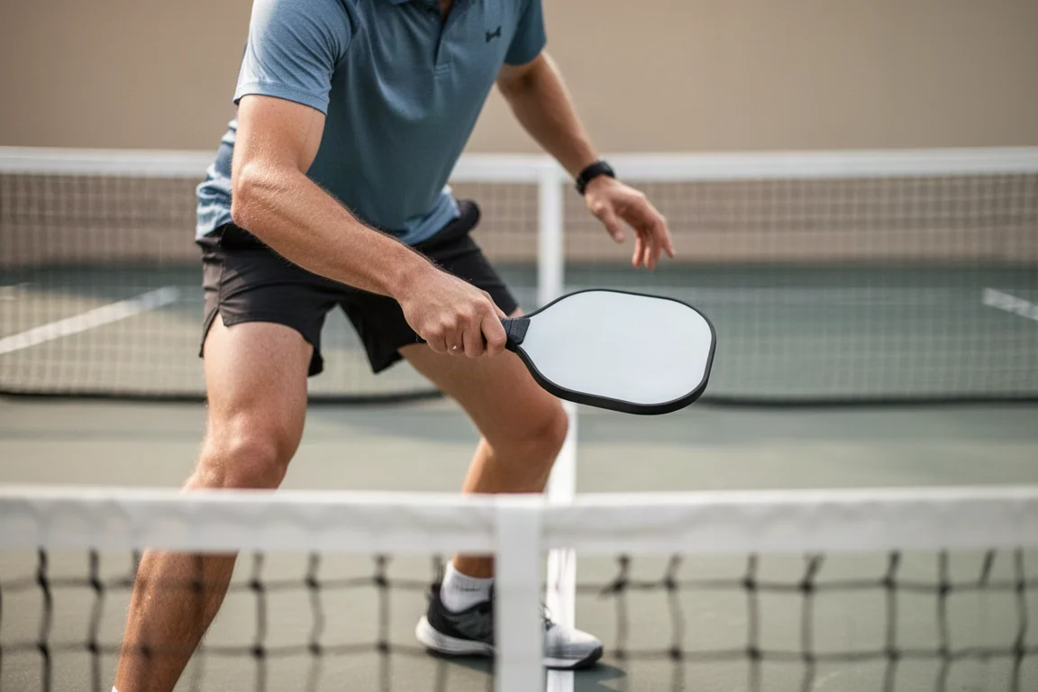 Pickleball player preparing to hit a soft drop shot at the kitchen line