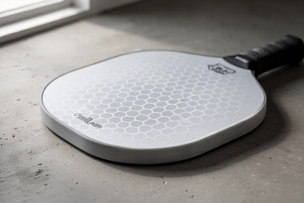 Close-up of a pickleball paddle face showing the honeycomb foam texture