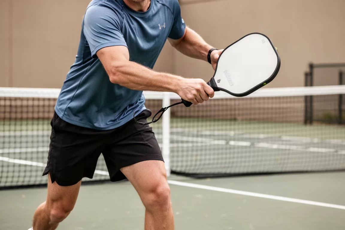 Pickleball player executing a two-handed backhand with a long-handled paddle