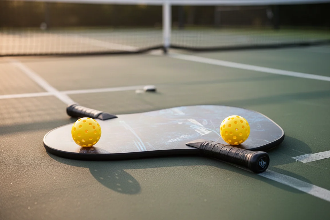 Pickleball paddle resting on a court surface beside a pickleball