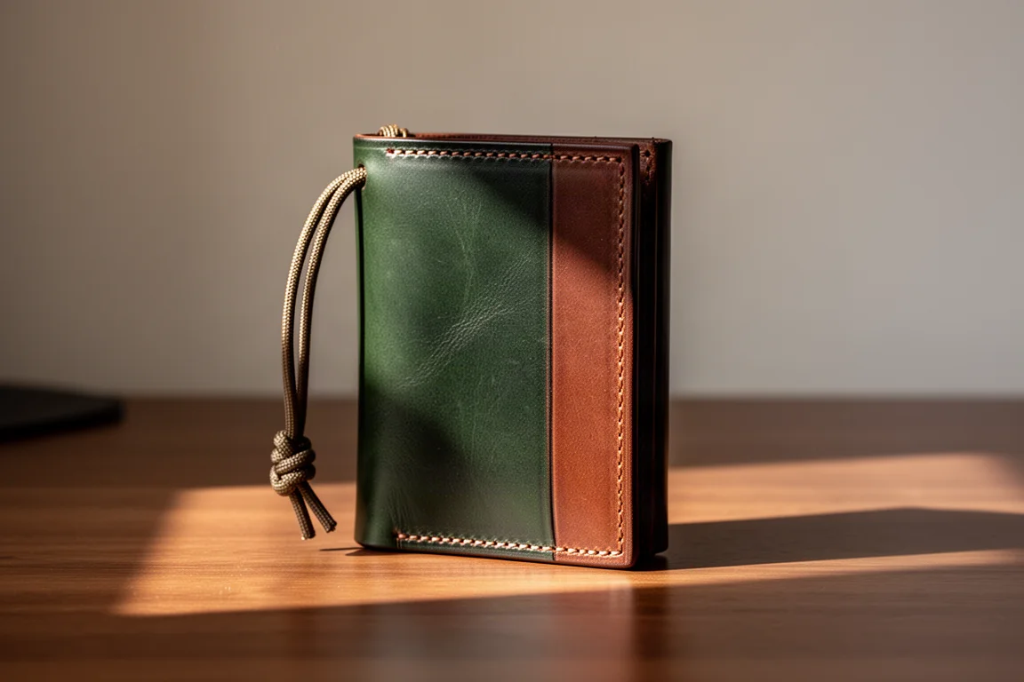 Dark green and brown leather minimalist wallet with paracord lanyard on a wooden desk