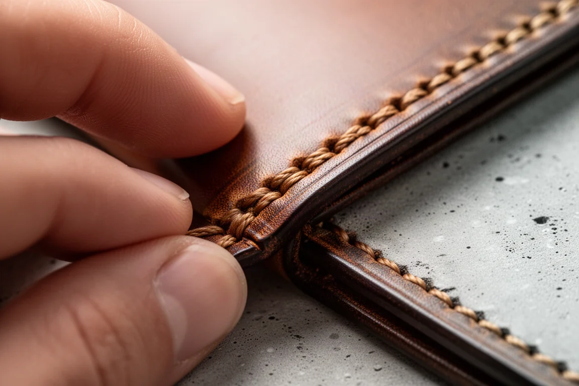 Close-up of hand saddle stitching and burnished edges on vegetable tan leather