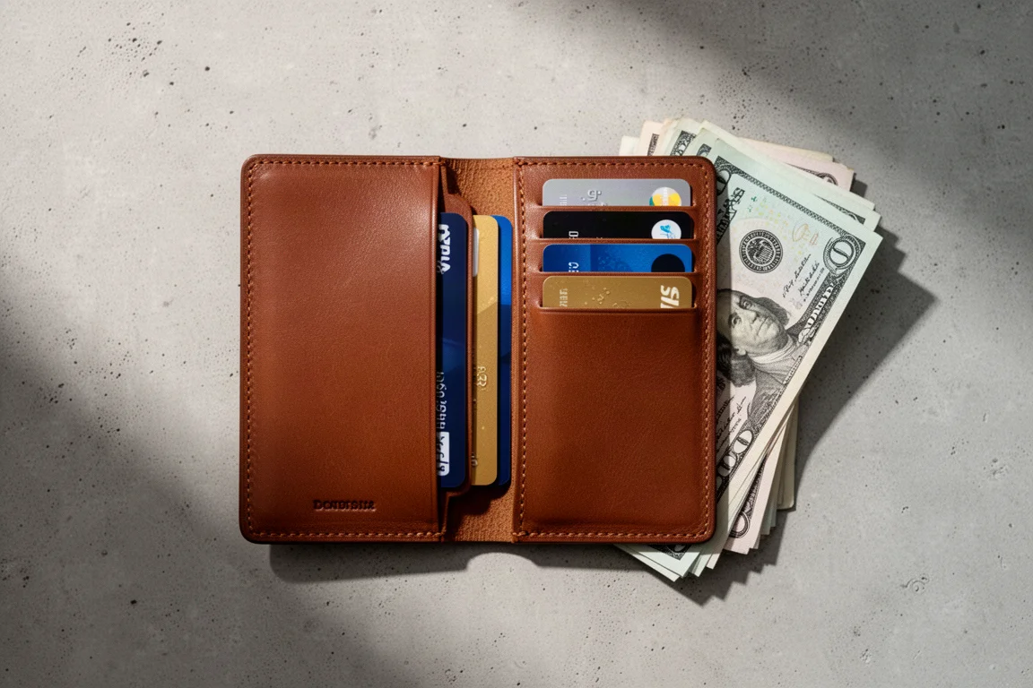 Wallet pockets fanned with credit cards and folded cash bills on a desk