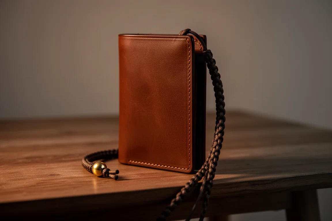 Leather wallet with paracord lanyard and brass feather bead in warm evening light