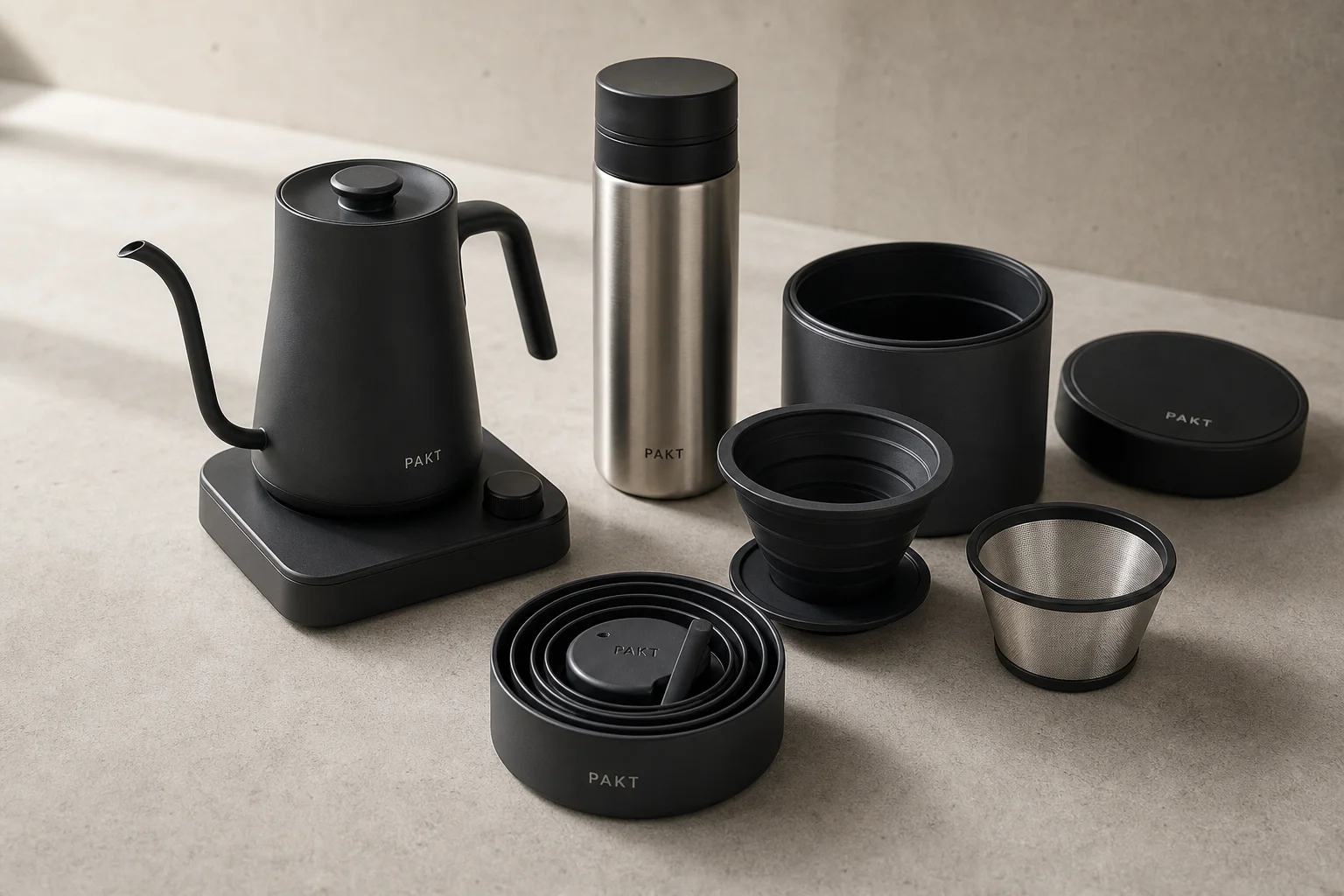 Componentes del Pakt Coffee Kit encajados y desmontados sobre una superficie de hormigón