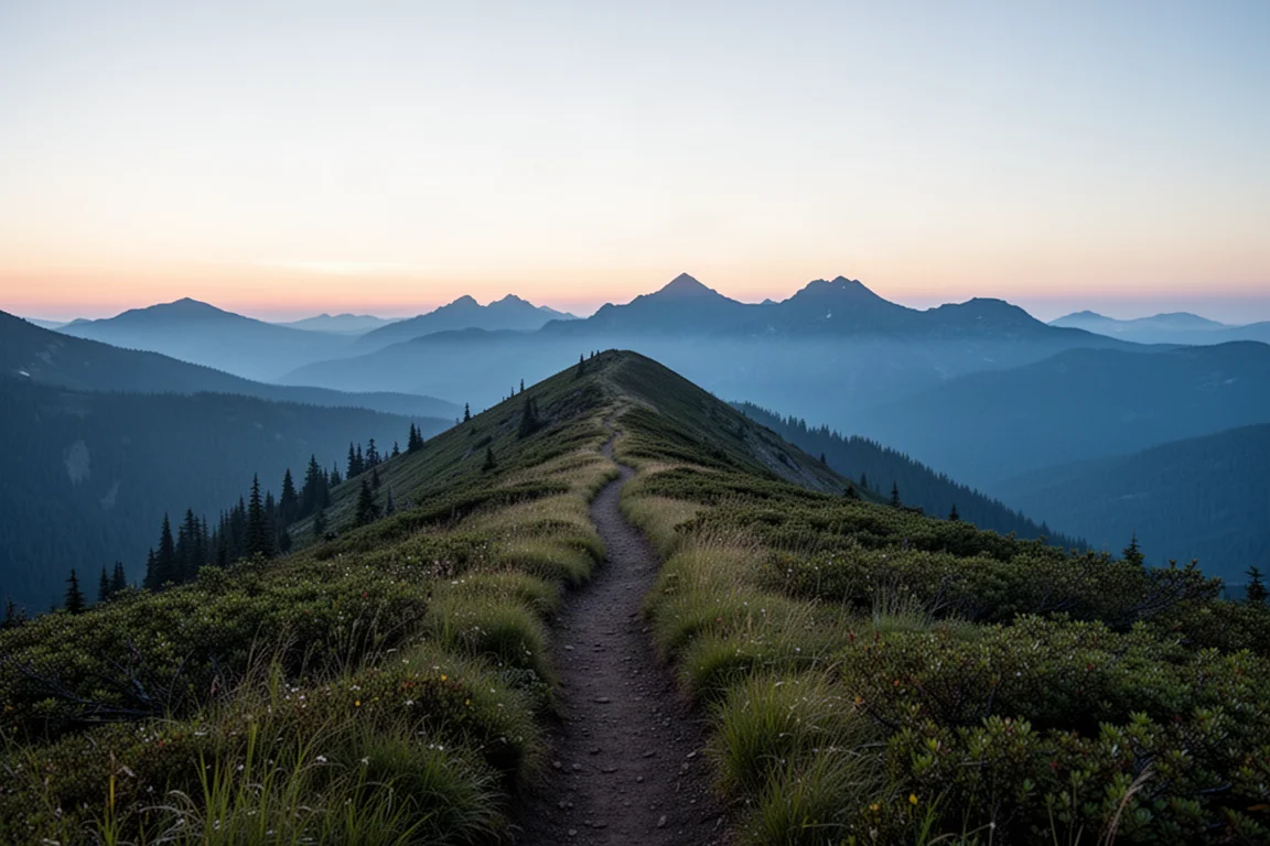 Schmaler Gratweg in der Dämmerung mit gestaffelten Bergsilhouetten im blauen Dunst