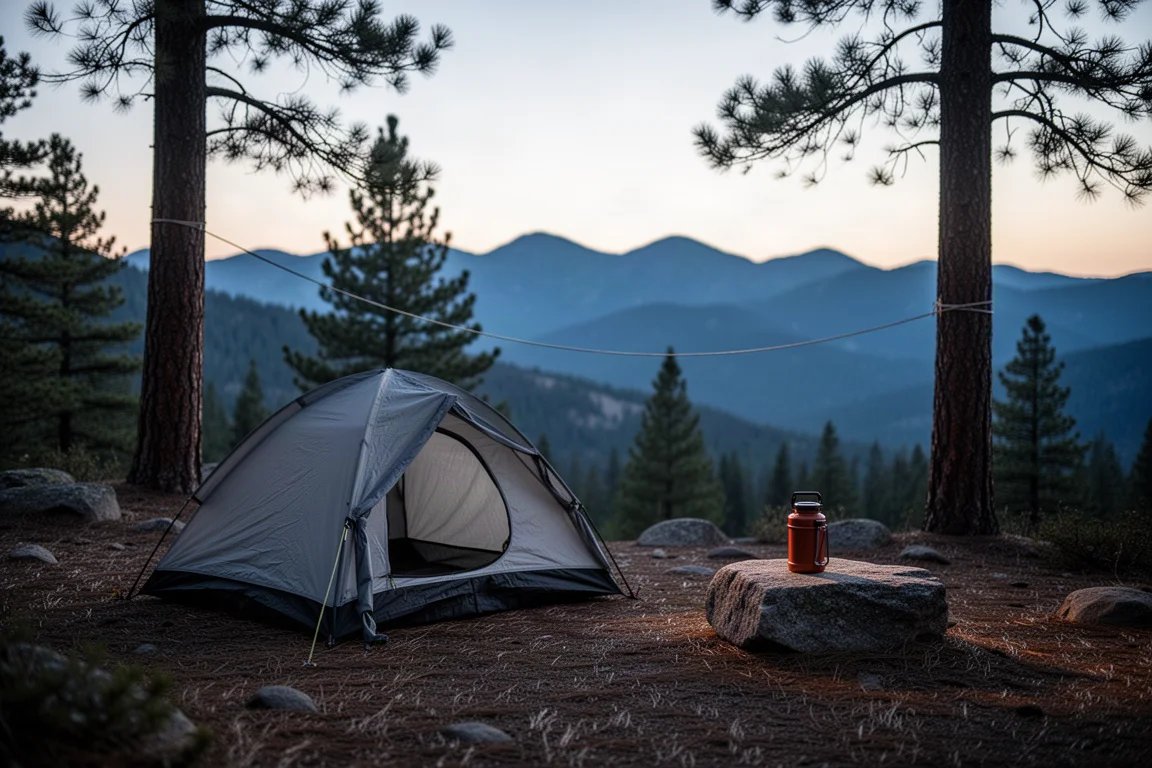 Campingplatz am Wegesrand zur blauen Stunde mit kleinem Zelt und Bärenkanister auf einem Felsen
