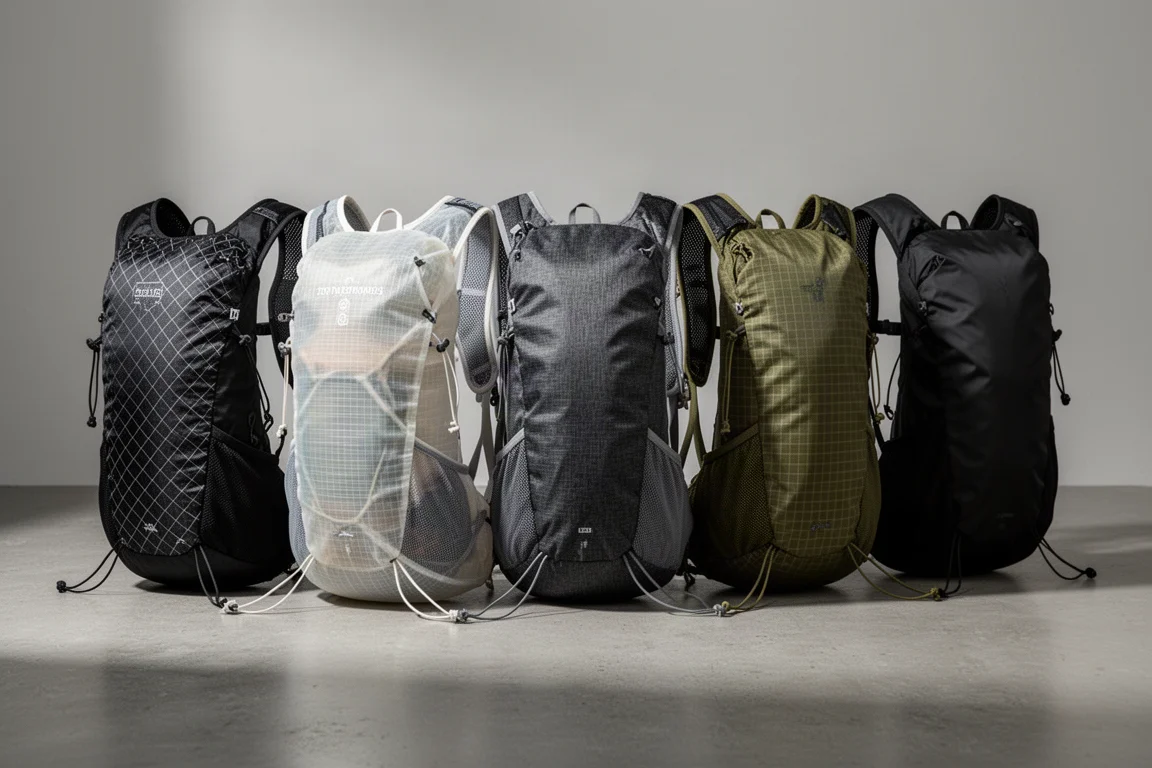 Cinque zaini da escursionismo ultralight in tessuti diversi allineati su una superficie di cemento