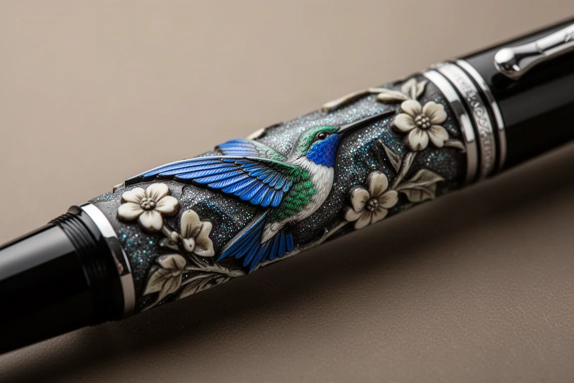 Arte detalhada em laca esculpida de um beija-flor em azul vivo no corpo de uma caneta