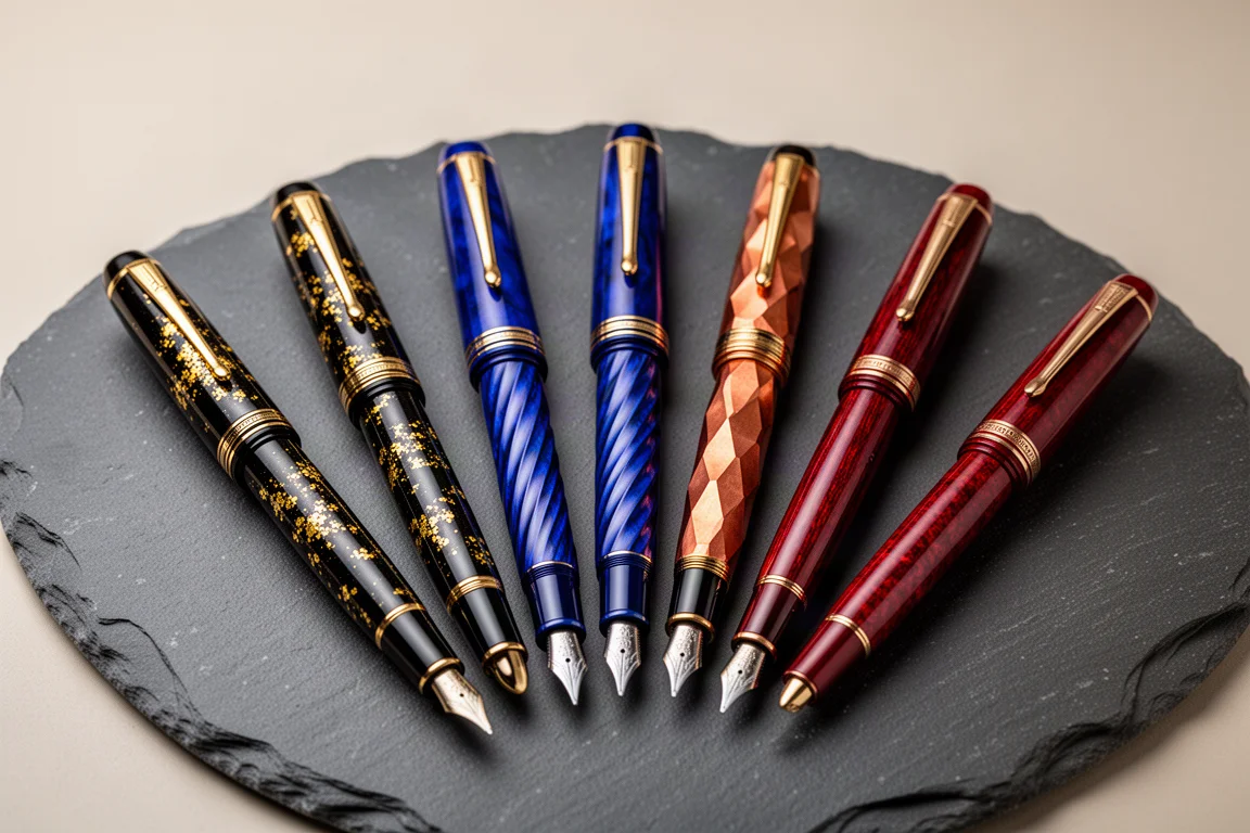 A collection of luxury Japanese lacquer fountain pens in blue, black, copper and crimson laid out on dark stone