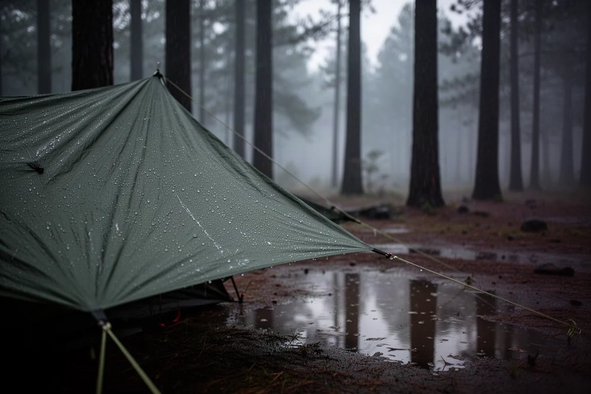 Gotas de chuva se formando no tecido da barraca em acampamento na floresta sob luz crepuscular