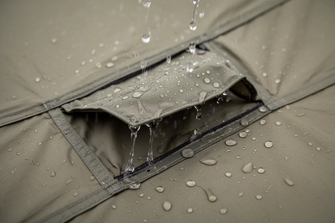 Close da água da chuva escorrendo sobre a aba de ventilação coberta na capa externa da barraca