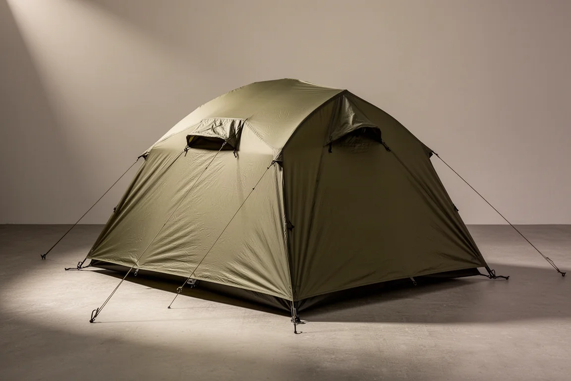 Rifugio da campeggio basso color oliva con patta di ventilazione coperta, montato su una superficie neutra