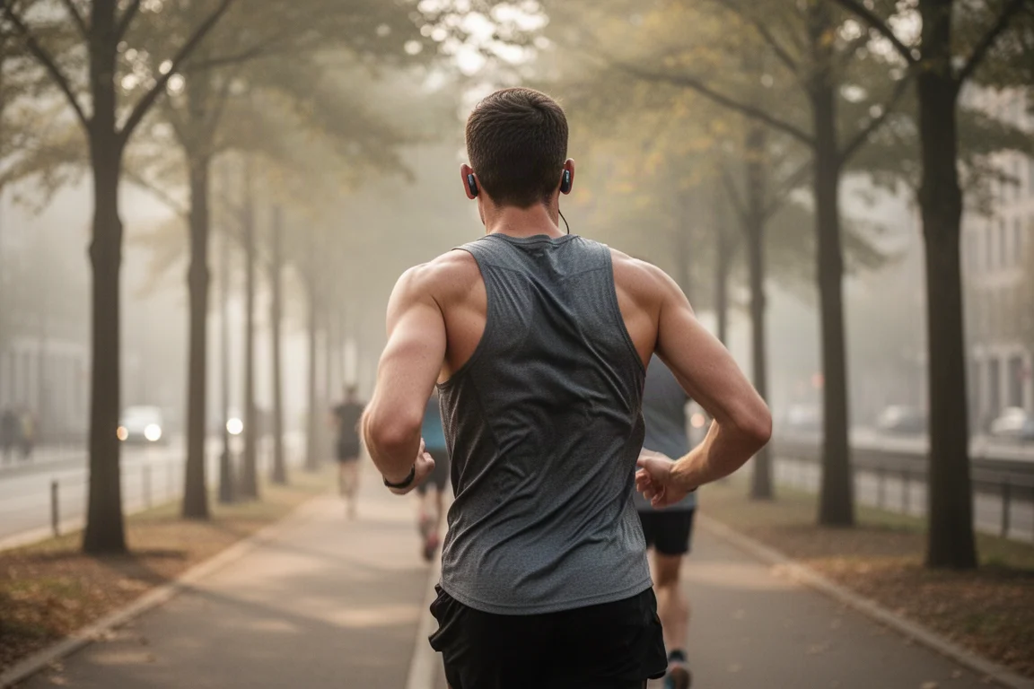 Runner wearing true wireless earbuds on an urban running path in morning light