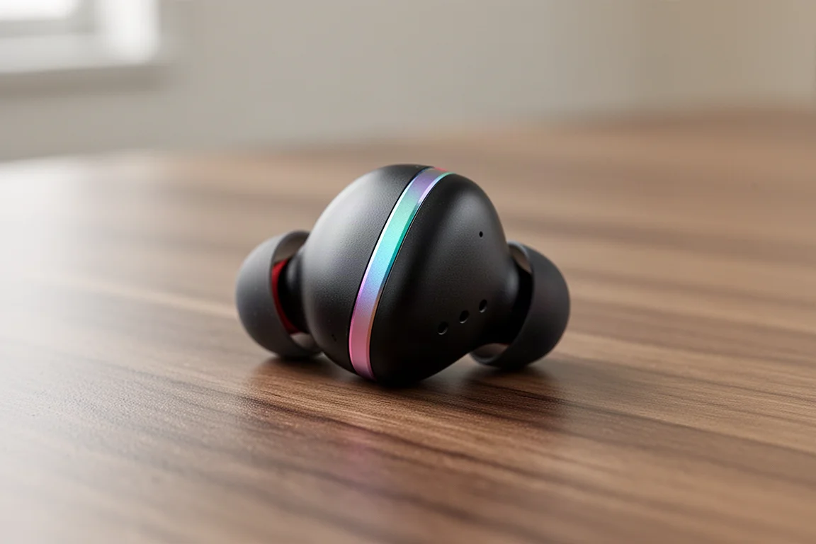 Close-up of a tap-controlled wireless earbud resting on a wooden desk