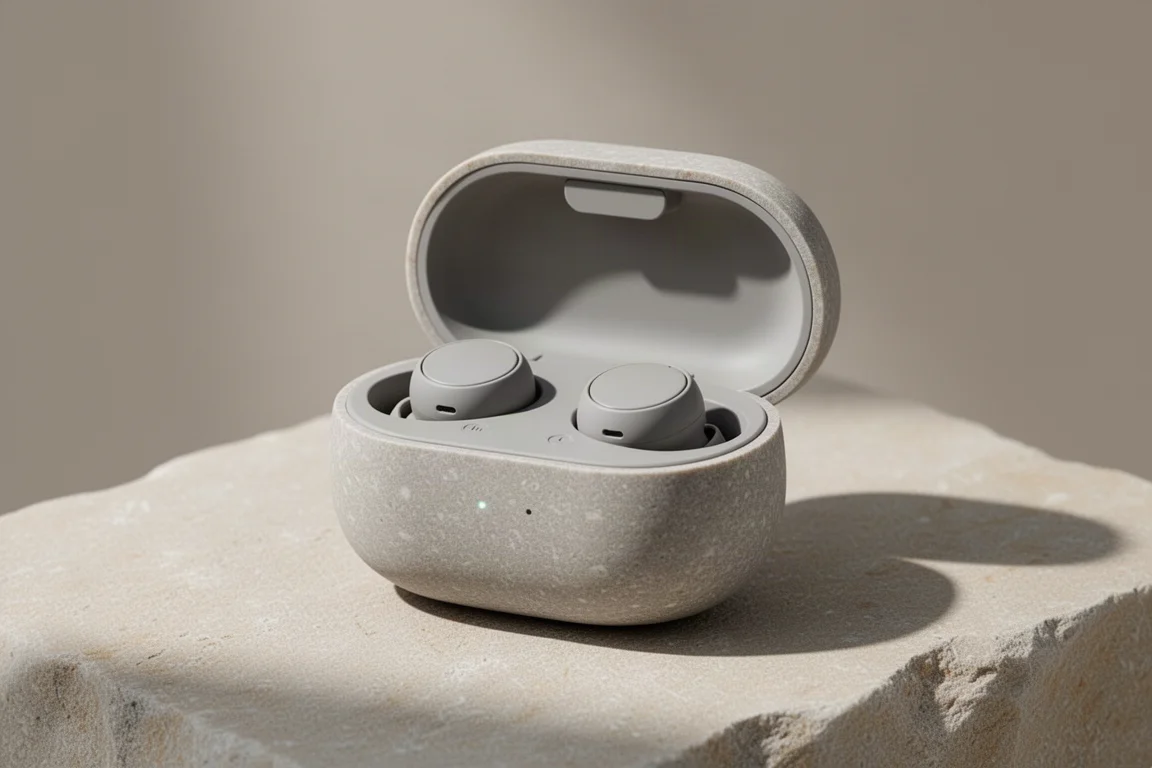 Premium wireless earbuds charging case open on a stone surface