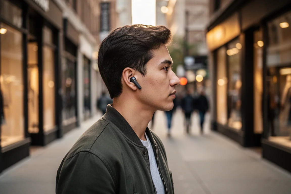 Person commuting with earbuds on a city sidewalk with soft evening light