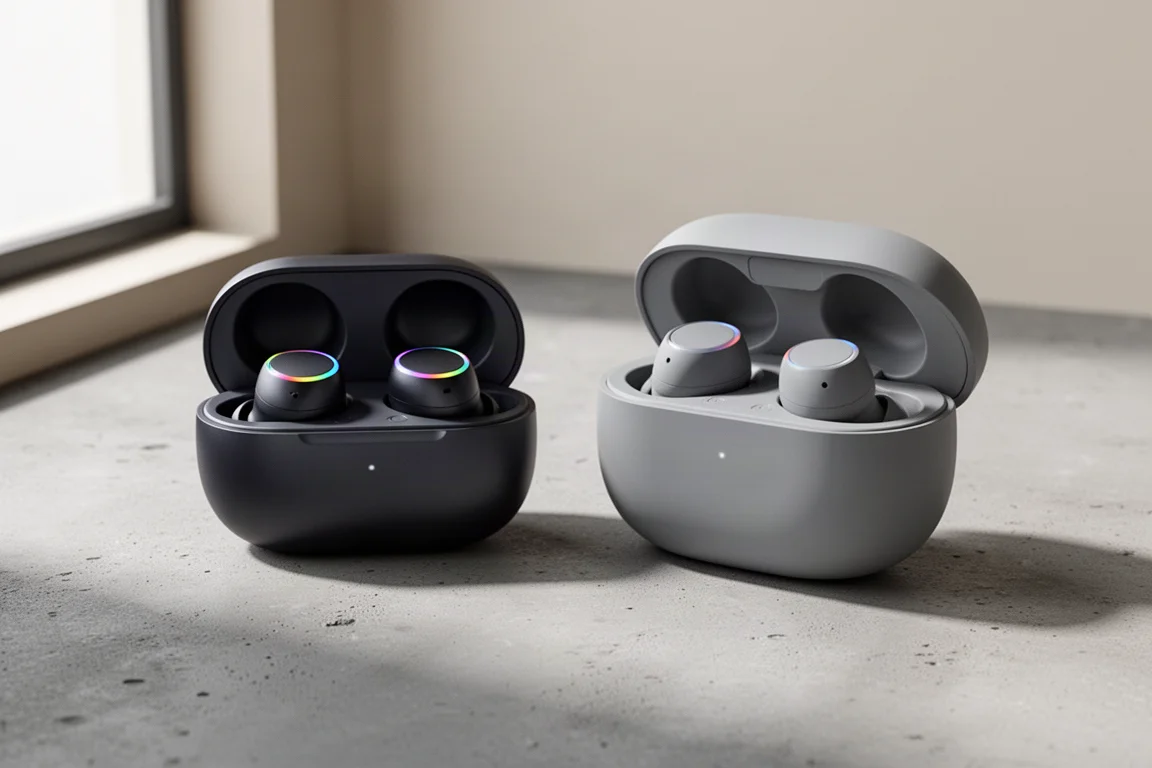 Two pairs of wireless earbuds with charging cases on a concrete surface