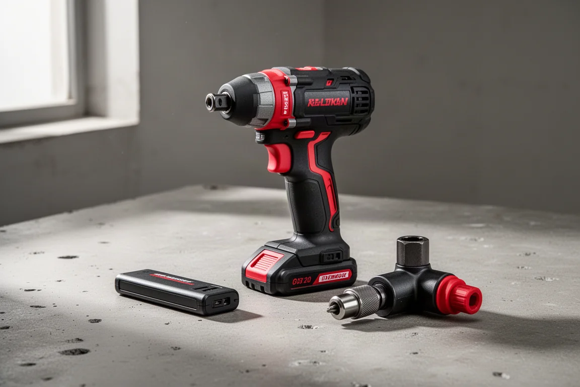 Panasonic EZ1A PD1 compact impact driver with battery and right-angle attachment on concrete surface
