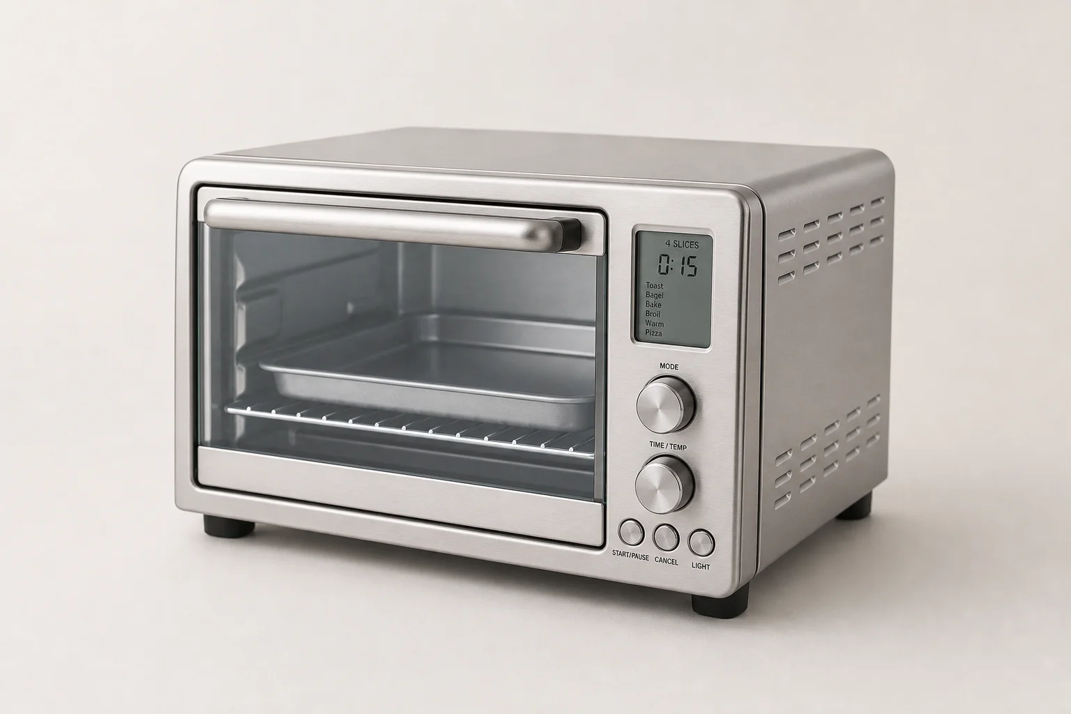 Five toaster ovens of varying sizes arranged on concrete surface