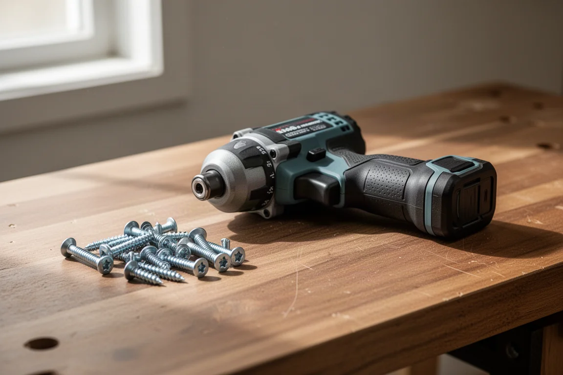 Kompakter Impact Driver auf einer Werkbank neben einigen Befestigungselementen