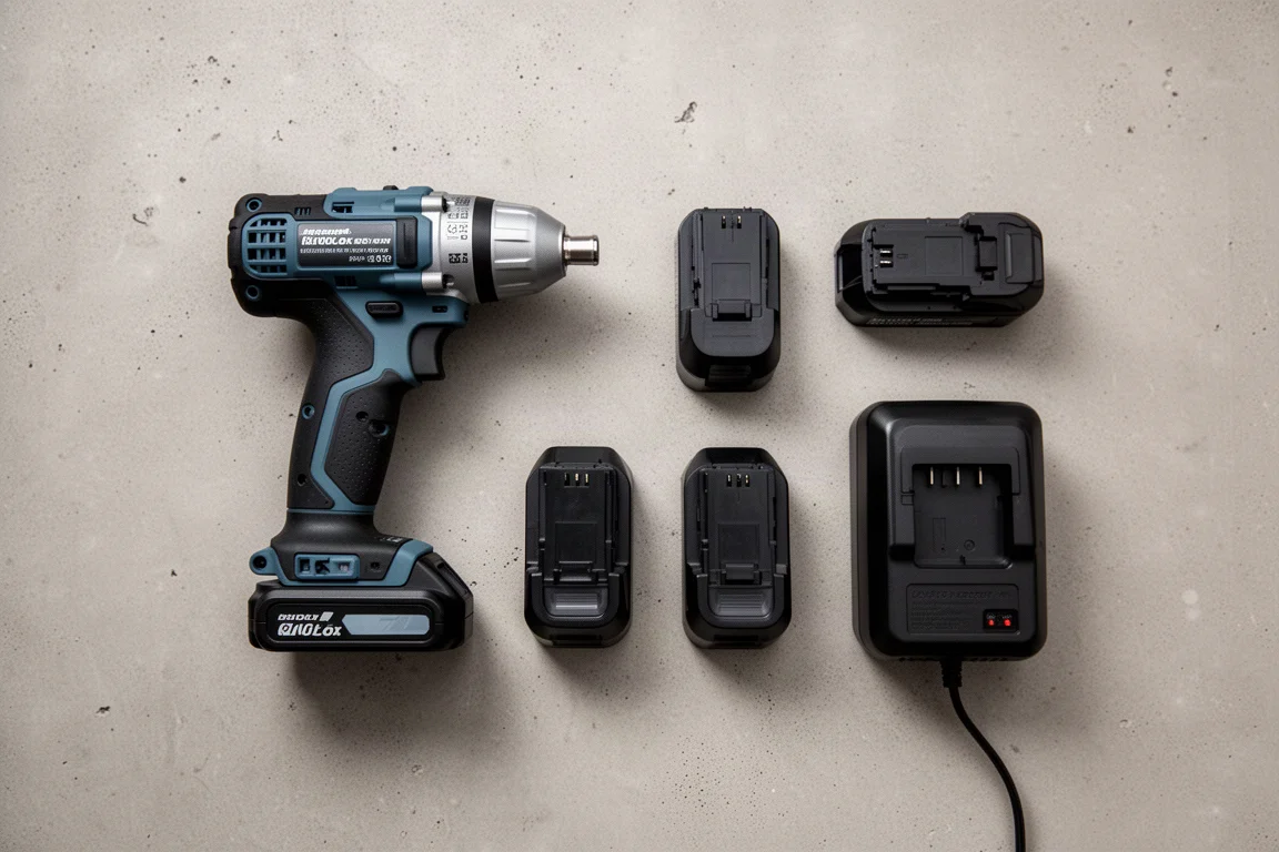 Draufsicht auf ein Akku-Werkzeugset mit Batterien und Ladegerät