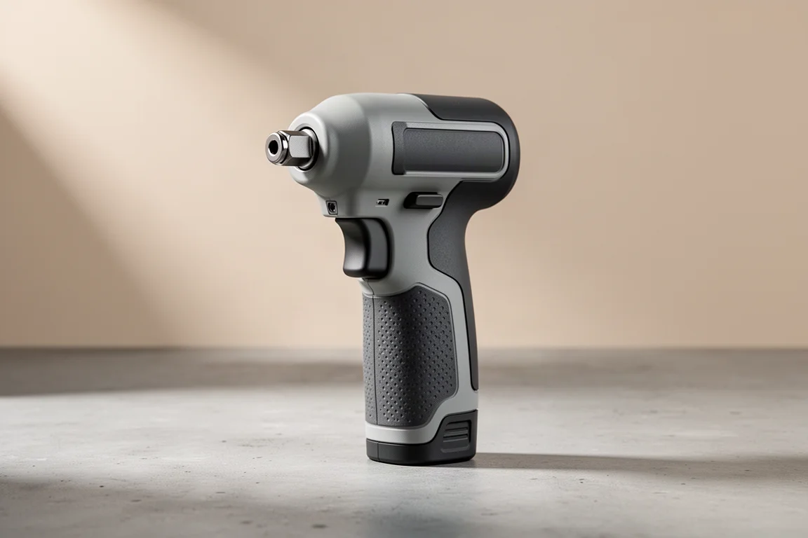 Compact Panasonic-style impact driver standing upright on concrete surface