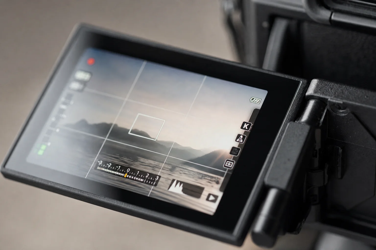 Camera articulating screen tilted upward showing video recording interface